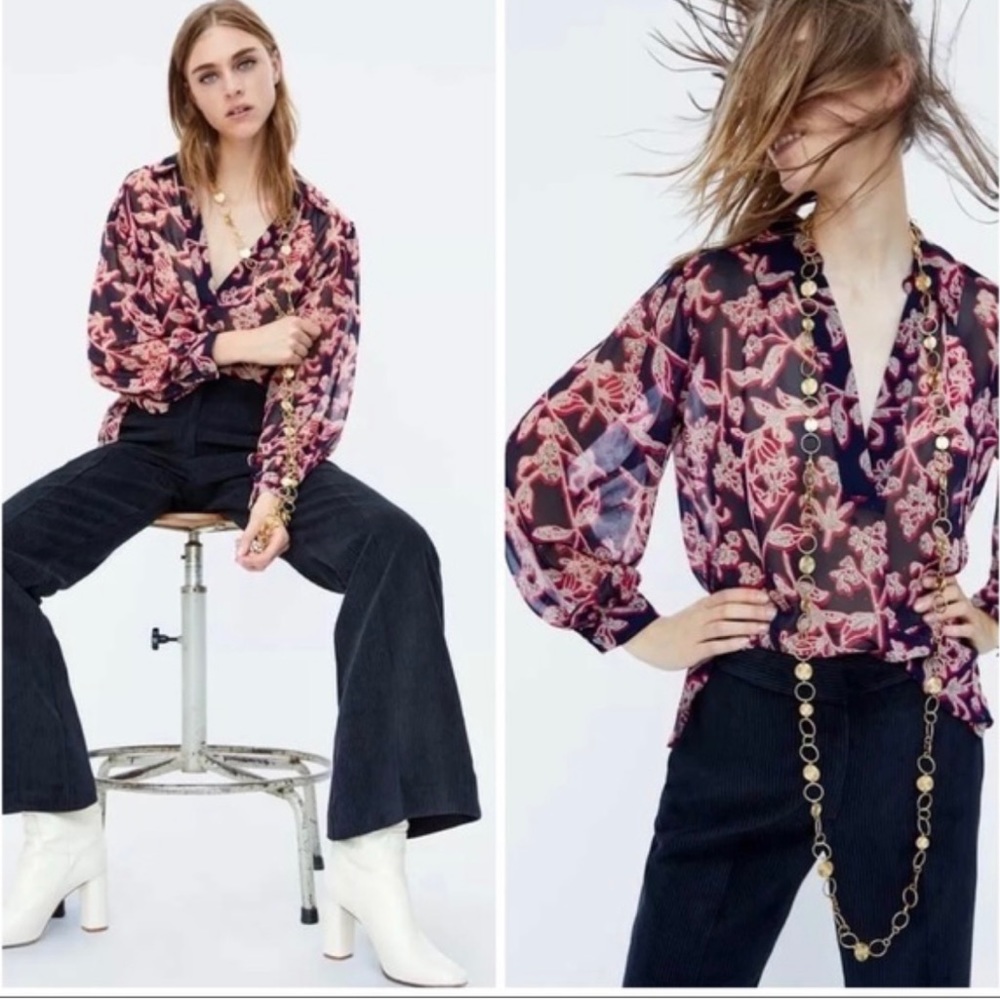 NWT Zara Multi Color Sheer Chiffon Blouse